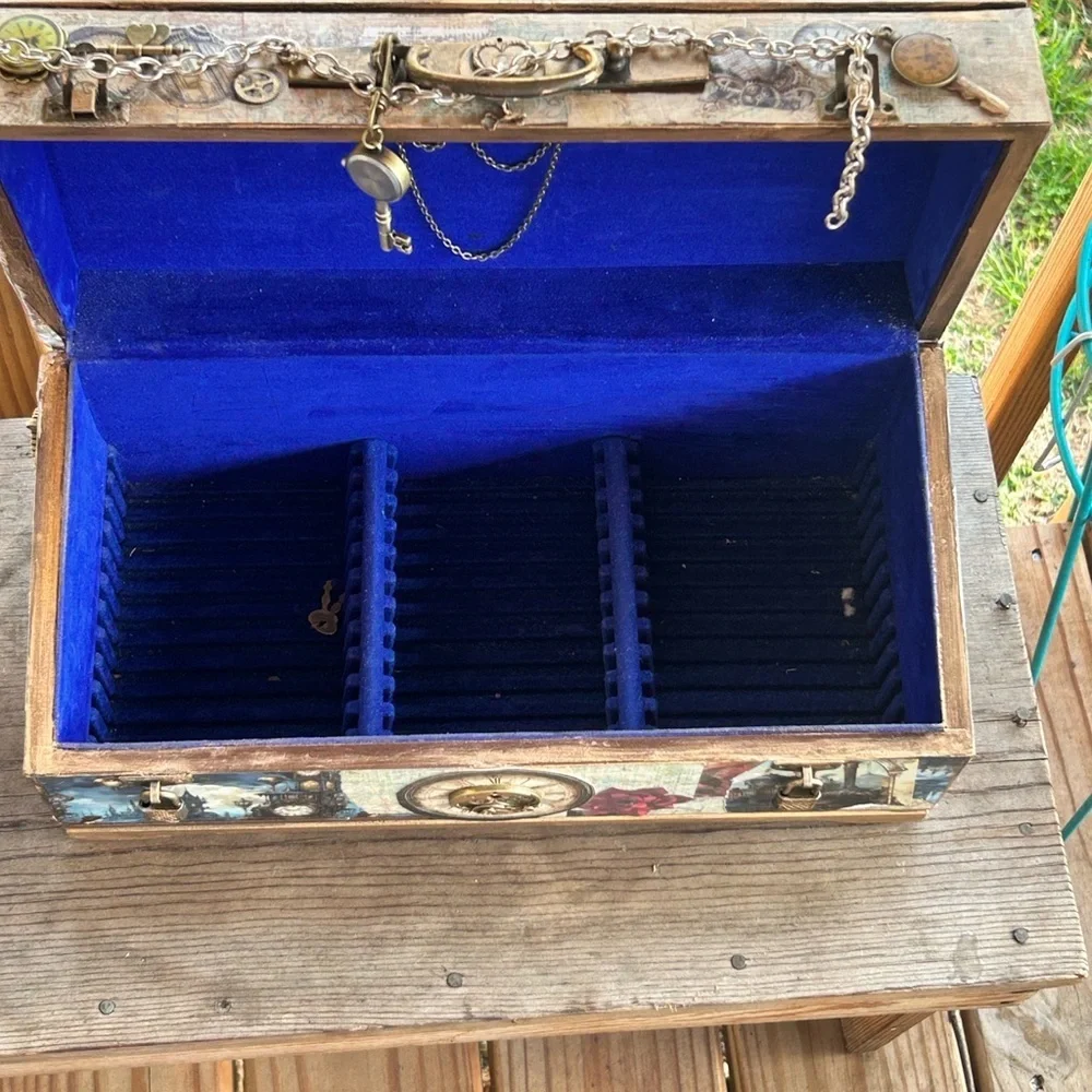 Steampunk Jewelry Box #3 Handmade Vintage Victorian Gear Decor Blue Velvet int